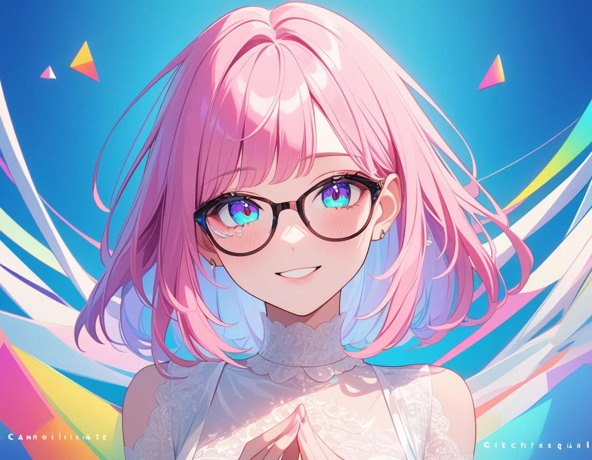 masterpiece,bestquality,superwideangle,fingeraudience,1girl,pinkandwhitehair,hand,cuteanimeface,tears,masterpiece,glasses,transparentcolorPVCclothing,transparentcolorvinylclothing,wholebody,glitchlump}onface,smile,mediumhair,filmgrain,lens_flare,colorful,chromaticaberration,dynamicpov,closedmouth,Intenseemotionalexpression:death,glitchart,ultra-detailed,extremelydelicateandbeautiful,albumcover,album,albumdescription,Pixilationonface,Doubleexposure,ChromaticAberration,Lightleaks,Noiseandgrain,Colordegradation,Glitchlettering,art,abstractart,geometry,clearlines,squares,bright,limitedpalette,{canonicalcomposition},flatbackground,{{bluebackground}},{limitedpalette},flatcolored,blueandwhite,