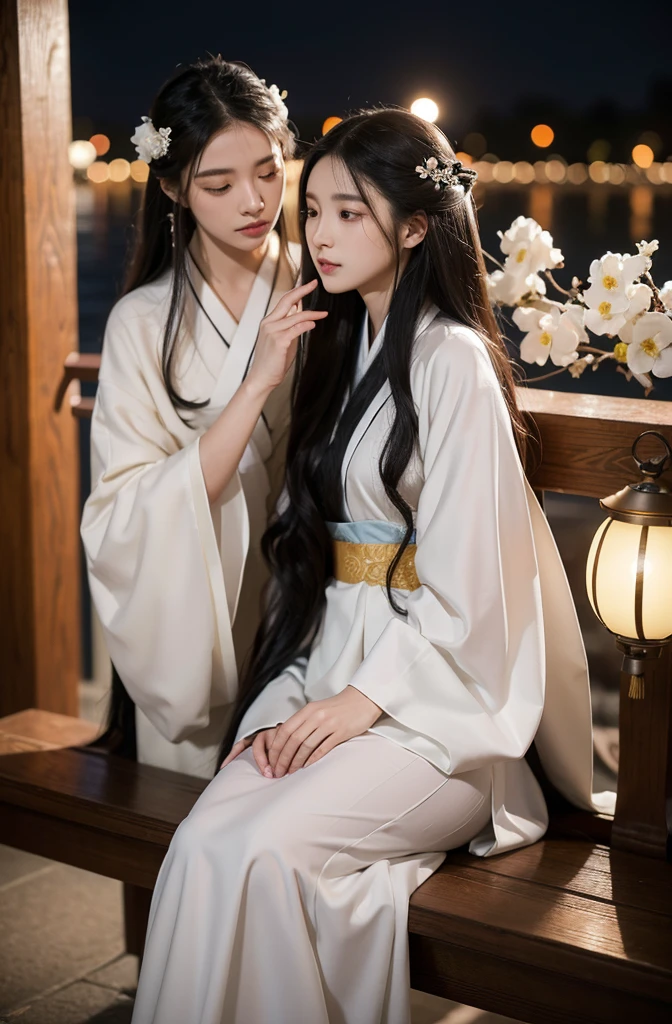 long hair, Multiple girls, black hair, hair accessories, Long sleeve, 2girls, Close eyes,,lying flower, hair flower, Wide sleeves, sash, Hanfu, moon, White Flowers, tassel, full moon, lantern, Putting your hand on someone else's shoulder、紙lantern、Hanfu
該圖像是一件藝術品,captures a quiet moment between two characters,Probably intended to evoke a sense of tranquility and historical romance。The character's clothing hints at an era background,Maybe Chinese,從服裝風格和傳統lantern的存在可以看出。The use of color is subtle yet effective,Soft tones add to the dreamy quality of the scene。Intricate details and patterns hint at handcrafted elements,This is typical of traditional art forms。The overall composition has smooth lines,soft focus,Create a dynamic and ethereal beauty。