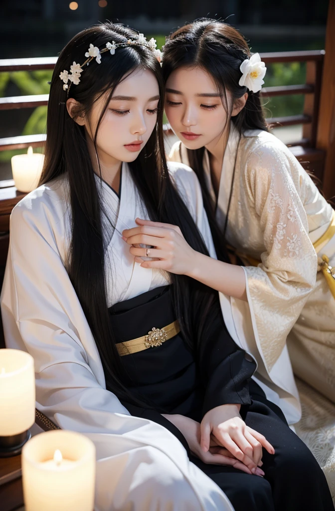 long hair, Multiple girls, black hair, hair accessories, Long sleeve, 2girls, Close eyes,,lying flower, hair flower, Wide sleeves, sash, Hanfu, moon, White Flowers, tassel, full moon, lantern, Putting your hand on someone else&#39;s shoulder、紙lantern、Hanfu


該圖像是一件藝術品，captures a quiet moment between two characters，Probably intended to evoke a sense of tranquility and historical romance。The character&#39;s clothing hints at an era background，Maybe Chinese，從服裝風格和傳統lantern的存在可以看出。The use of color is subtle yet effective，Soft tones add to the dreamy quality of the scene。Intricate details and patterns hint at handcrafted elements，This is typical of traditional art forms。The overall composition has smooth lines，soft focus，Create a dynamic and ethereal beauty。