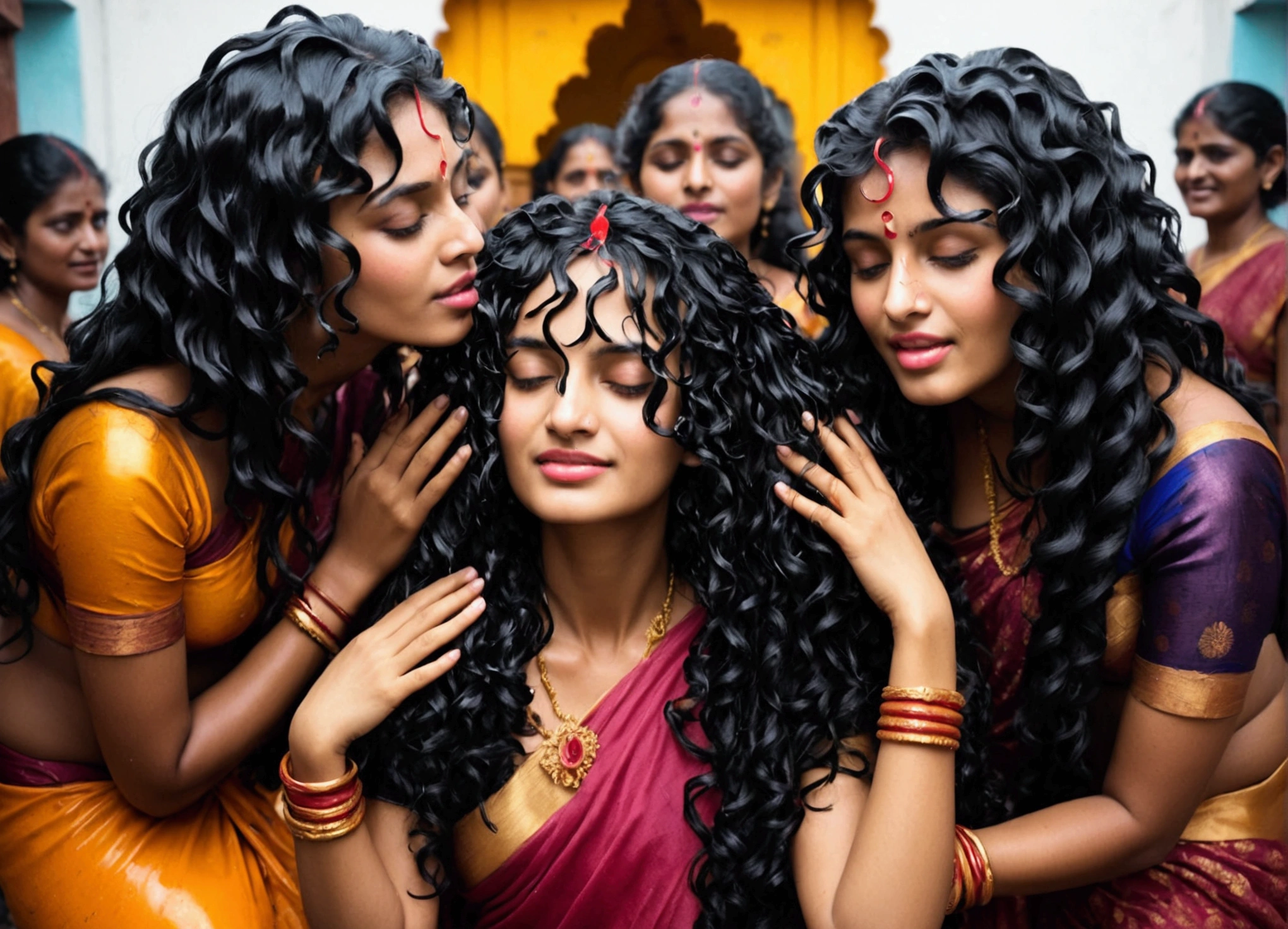 indian kali temple,three younger indian ladies in sarees,unnatural unreal wiered black 3c curly hairs like black springs,It is being coiled and coiled and coiled amd millon times coiled hairs made up in salon exact looking like image prompt,Showered highly wet hairs,Drenched and absorbed oil in their hair,like hair flooded with 10000000000000000000000000000000000000000000 liters of oil and soaked in thier hair,hairs like water pulp,Those hairs got pulpted and makes extremely very thick hair curls like black springs on thier hairs,Their hairs got coiled with oilness,Shinningcsnd shiningcand shinning like black mirrors stating big thick black springs,one lady kneeled down, other two bend over and licking head scalp of kneeled lady from behind, Like they raping kneeled lady' head scalp with kissing wildly
