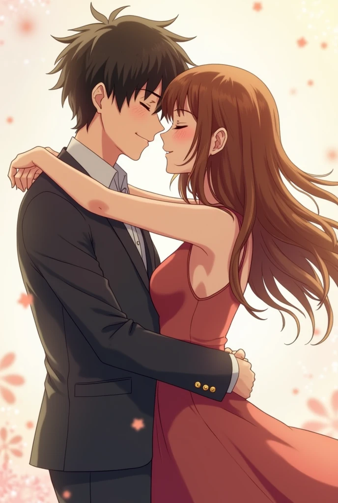 Anime couple with brown hair do a hug
