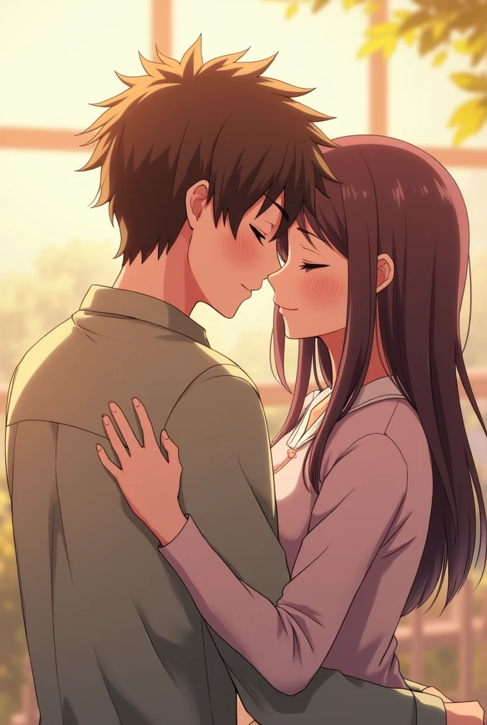 Anime couple with brown hair do a  hug 