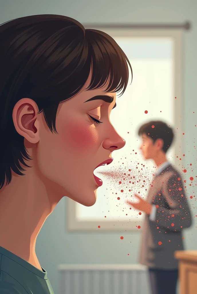 Airborne Transmission: Show an infected person coughing, with tiny droplets (droplet nuclei) visibly dispersing into the air. Depict a nearby person inhaling these droplets to demonstrate how TB spreads through the air.