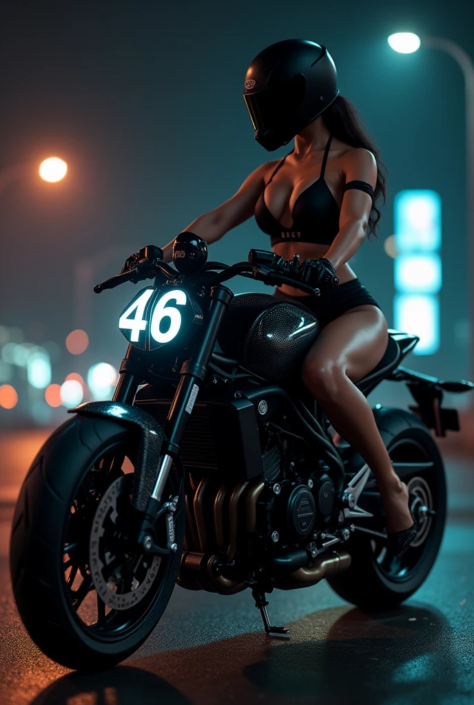 Seule dans la nuit prospérité sexy avec des forme enorme qui porte un casque avec la visière nue sur une moto sportive noir qui porte le numéro 46 blanc (Yamaha yzf-r1) (image 8k ou plus) la moto n'a pas de plaque d'immatriculation.