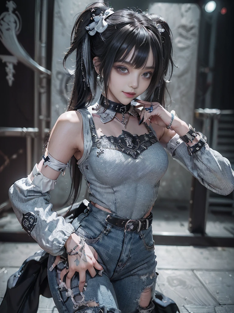 (Full Body View:1.2)、(Side view:1.1)、(Smiling with teeth showing:1.3),(Shibuya Gal:1.5)、(Fashion in the style of Gothic Lolita:1.5)、(Punk rock visual kei:1.5)、(Wearing a rhythmic gymnastics bodysuit with intricate details:1.4)、(Elaborately decorated white racing suit and pants, Denim and Charcoal:1.5)、(Denim and light blue and white boots:1.3)、((belt))、(A number of subtle logos are featured throughout the costume々:1.4)、(collar:1.3)、(Underwear decorated with silver accessories:1.5)、20-year-old、Browsing Caution、((Highest quality、In 8K、masterpiece:1.3))、Sharp focus:1.2、(Layered Cut、Beautiful boobs:1.1),Beautiful woman with perfect figure:1.4、(Posing as a gravure model:1.3)、Slim Abs:1.2、Highly detailed face and skin texture、Detailed eyes、double eyelid,(Twin tails:1.3)、(Black brown hair:1.3)、Idol Sculpture、(The background is the stage for a fashion show:1.3)、(The body is slim:1.3),(Slimming your legs:1.4),（clavicle:1.1）、(Thin and slim thighs:1.3)