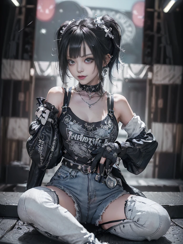 (Full Body View:1.2)、(Side view:1.1)、(Smiling with teeth showing:1.3),(Shibuya Gal:1.5)、(Fashion in the style of Gothic Lolita:1.5)、(Punk rock visual kei:1.5)、(Wearing a rhythmic gymnastics bodysuit with intricate details:1.4)、(Elaborately decorated white racing suit and pants, Denim and Charcoal:1.5)、(Denim and light blue and white boots:1.3)、((belt))、(A number of subtle logos are featured throughout the costume々:1.4)、(collar:1.3)、(Underwear decorated with silver accessories:1.5)、20-year-old、Browsing Caution、((Highest quality、In 8K、masterpiece:1.3))、Sharp focus:1.2、(Layered Cut、Beautiful boobs:1.1),Beautiful woman with perfect figure:1.4、(Posing as a gravure model:1.3)、Slim Abs:1.2、Highly detailed face and skin texture、Detailed eyes、double eyelid,(Twin tails:1.3)、(Black brown hair:1.3)、Idol Sculpture、(The background is the stage for a fashion show:1.3)、(The body is slim:1.3),(Slimming your legs:1.4),（clavicle:1.1）、(Thin and slim thighs:1.3)