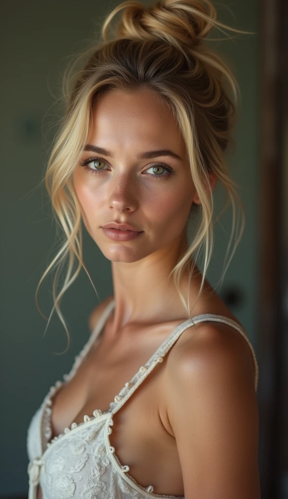 Beautiful blonde MILF with messy bun naked