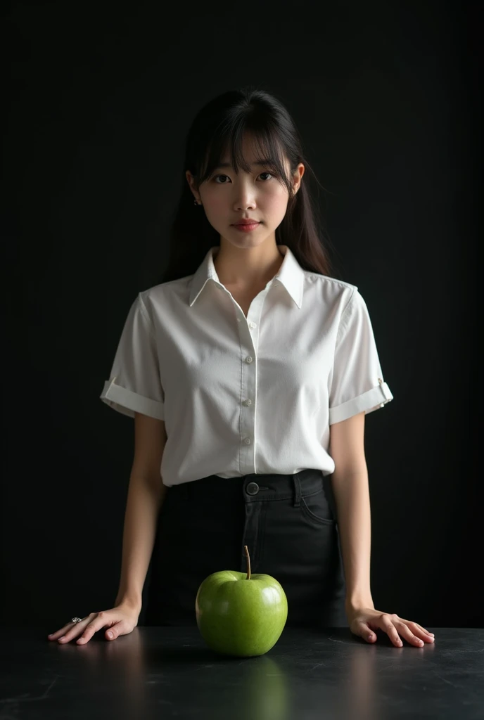main item is a high ,black ,big table displaying a very small green cude(size like a fist) with no shadow ,  
and a 16years old , BEAUTIFUL ,asian, with Bangs,white shirt,black short skirt, super huge boobs(34 E CUP) ,very white skin tone teenager standing next to it 
and the whole body facing the camera
the back ground is a black wall
taking a realistic far view photo