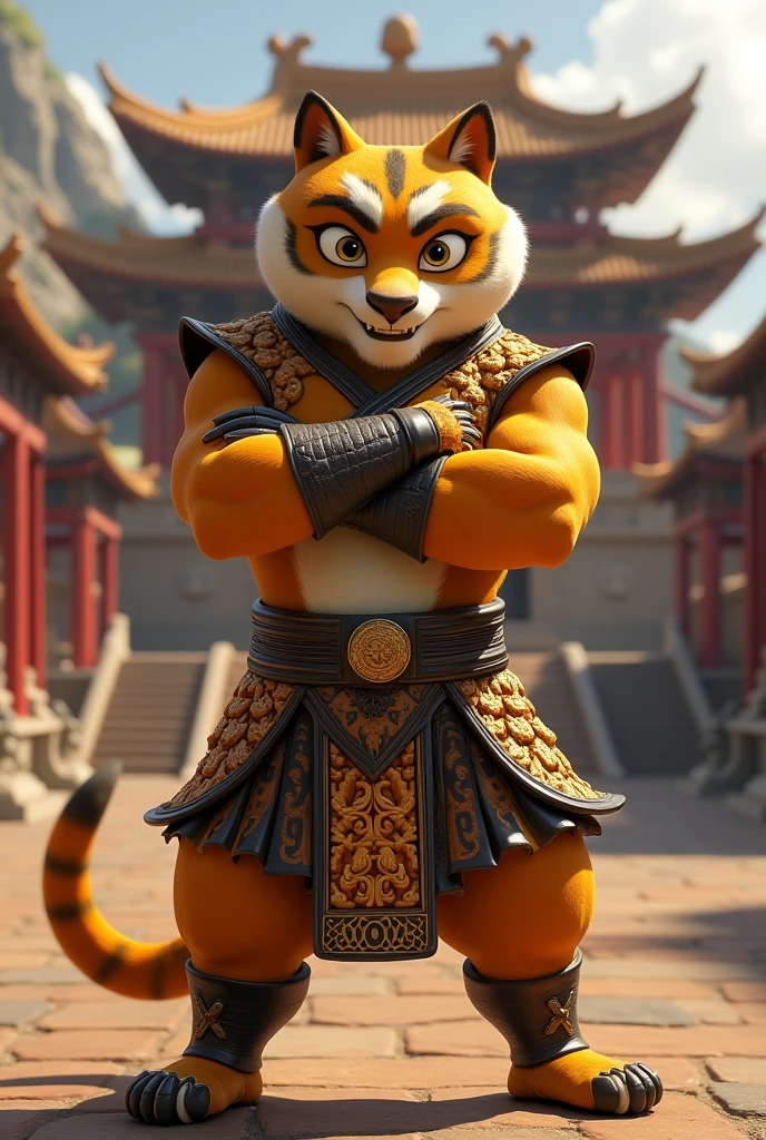 Kung fu panda tigress with arms crossed wearing battle gear, in front of the temple of the furious, that uses the character's original features