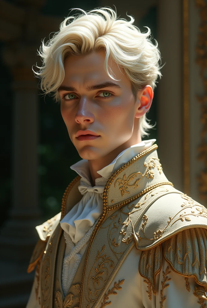 Man in his 20s, Soft platinum blonde hair, light green eyes, languid eyes, A handsome man with fair and beautiful skin, Nobility, Holy Appearance, bust, expressionless, Aristocratic attire