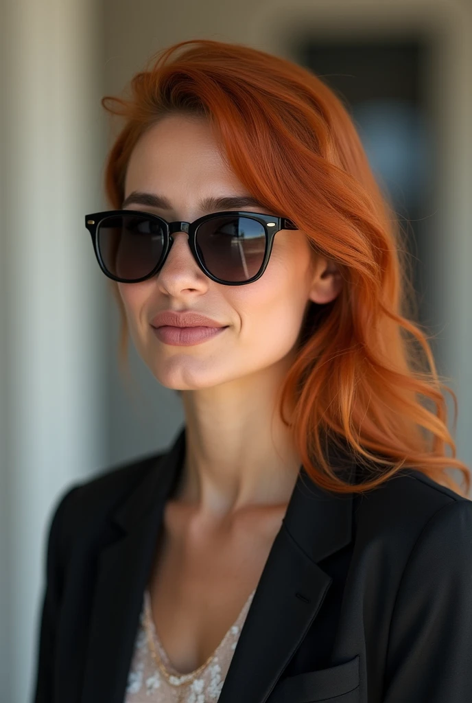 Brazilian woman in her 25s with red hair wearing sunglasses and business attire