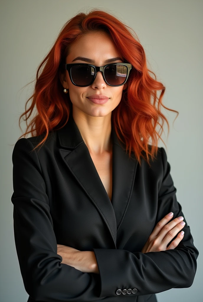 Brazilian woman in her 25s with red hair wearing sunglasses and business attire