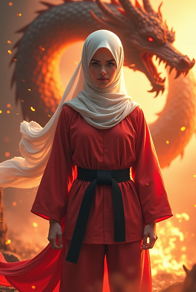 young woman wearing hijab with red and white karate uniform surrounded by dragon and fire. in front of it is written "Miya airin"
