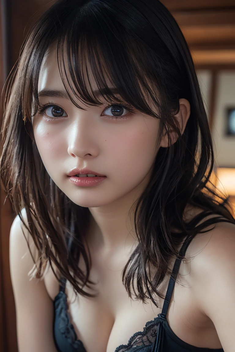(Realistic、Masseter region、Highest quality、High resolution、RAW Photos)、((whole body, Glamorous Body,Perfect detail)), Realistic、Bright lighting、Face Light、Smooth Professional Lighting、pretty girl、Beautiful woman、Modeled、gravure、Natural Makeup、so beautiful、Realistic and beautiful skin、Plum Thighs, Beautiful and detailed、Detailed face、big 、Cleavage、Wavy Hair、Brunette Hair、Brown eyes, Cute Face, Fuller lips, Straight nose, Big black eyes, Sharp jawline, nose pointed upwards, Looking into the camera、take a picture, Seductive pose, Sexy Lingerie++,Dreamy eyes