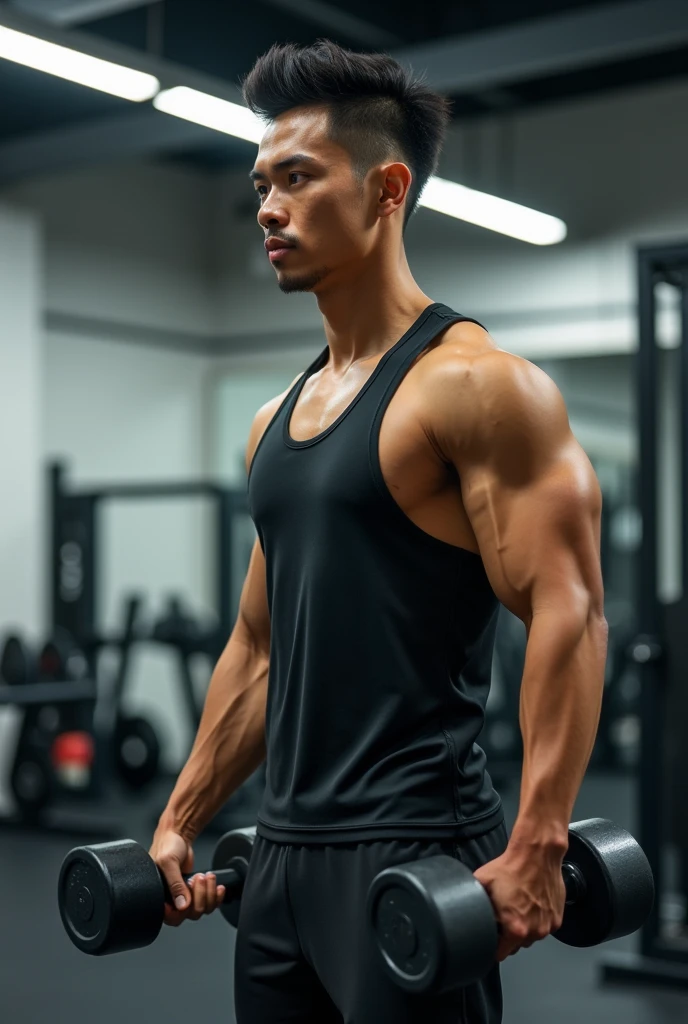 male people age 30s asian human short-haired Thin macho traning trainingwear Pants Style training gym is standing Dumbell Dumbbell curls