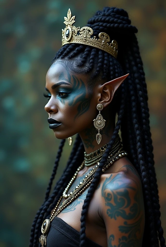 Close-up of a woman with tattoos on her face, dark elf, fractalpunk, braided complex hair, portrait shot with matte painting, Jet black skin, she is dressed in shamanic clothes, tattooed face, Cryptopunk, Heavy makeup. Large earrings in the ears, a crown on the head. Goddess. Full-length photo. Highly detailed, 8K, Cinematic, Award-winning artwork, Digital painting, Conceptual art, Photorealistic, Detailed eyes. Resolution 16K,Nikon Z9, digital photography, ultra textured leather, Realistic photography, Cinematic effect, soft light, soft shadows, high quality volumetric lighting