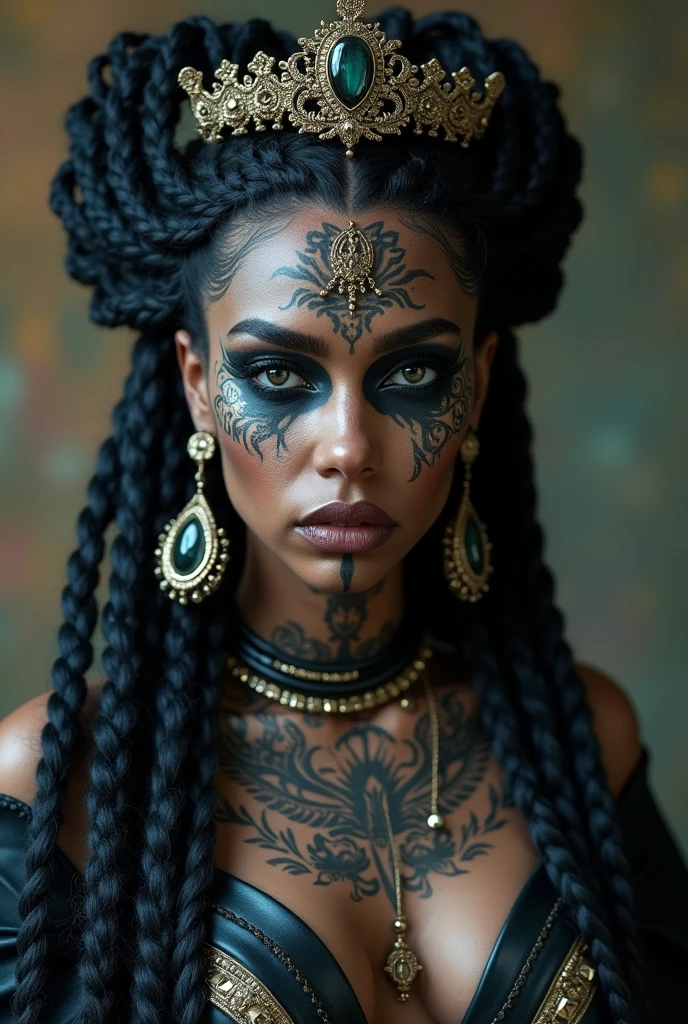 a woman with big breasts, a tattoo on her face., Dark Elf, Punk fraction, Intricate braids, Matte Portrait Photography, Beautiful female robot, dark skin, She is dressed in a shaman costume., Face with tattoos, Cryptopunk, Put on heavy makeup
