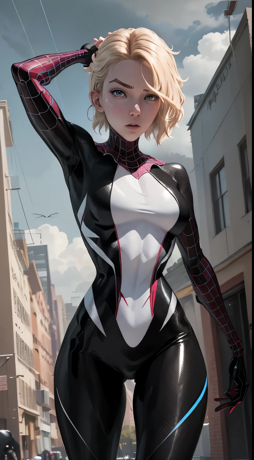 Spider-Gweb as a 18-year-old girl, upper body, close-up, black Spider-gwan suit, Latex suit short hair, blonde hair, beautiful face, fighting stance, rain, roof, masterpiece, exquisite details, perfect anatomy, cleavage, defiant expression