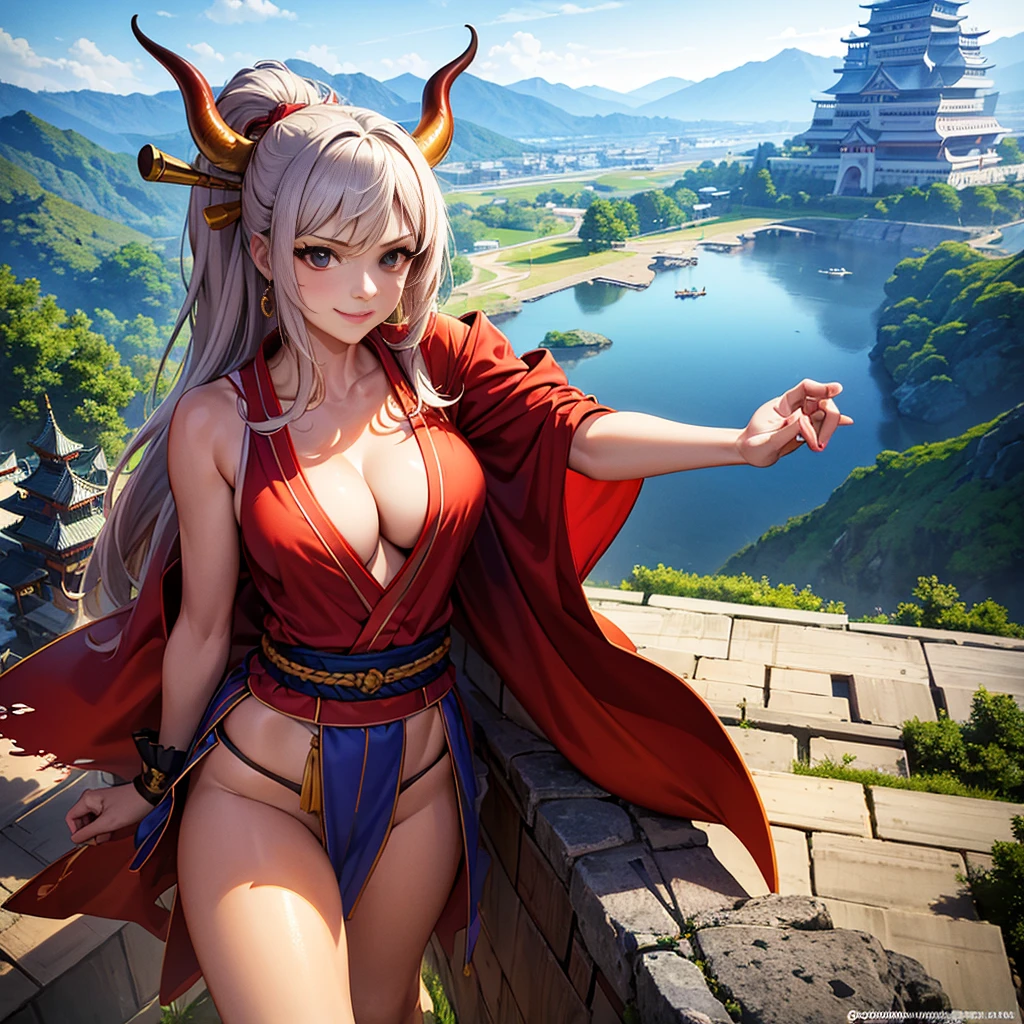 Highest quality, masterpiece, Absurd resolution, Ultra-high resolution, 8k, , Realistic, Bright colors, , Vibrant color palette, Great studio lighting, Very detailed, , Detailed Hair, Detailed fabric, BREAK , YamatoV2(one piece), sexy Pose, Perfect body skinny, Beautiful eyes, Beautiful Lips, , , sexy, horn(Wrapping , Left and right pair, multicolo Red), large breasts , Cleavage, Slim waist, smile, Torn clothes, Loincloth, , , Bright colors, ,The clothes are see-through , full-body, dynamic angle, (background is Japanese Castle)
