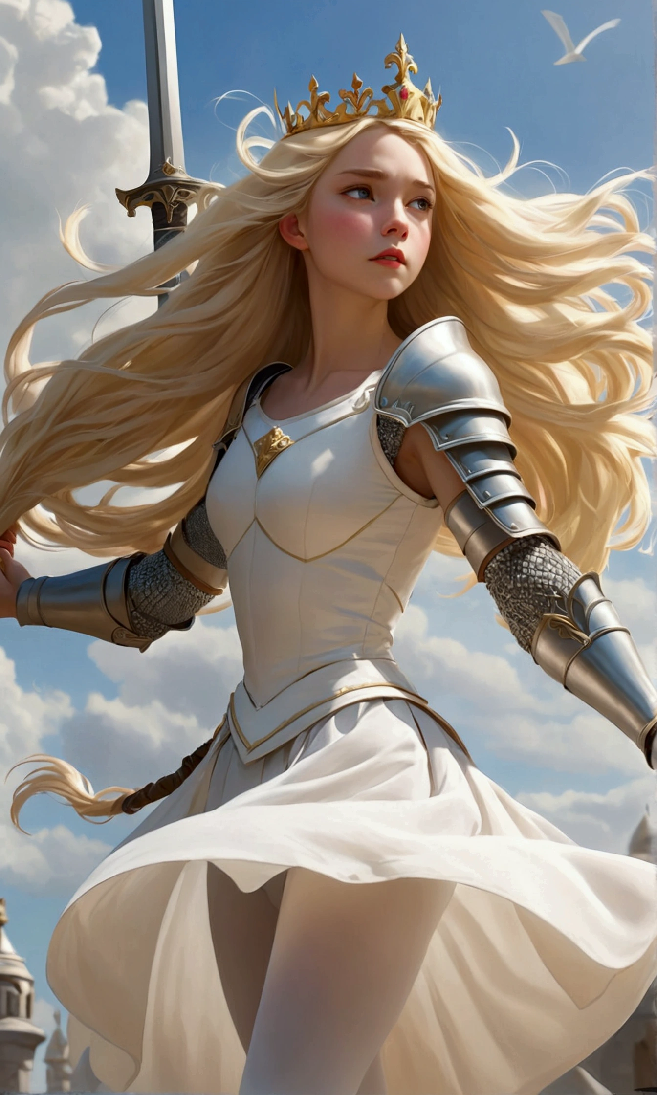 A girl with long, bright blonde hair that seemed to be carried by the wind, wearing armor and a white ballet skirt, she was holding a sword and seemed to be enjoying the breeze and she was also wearing a small crown.