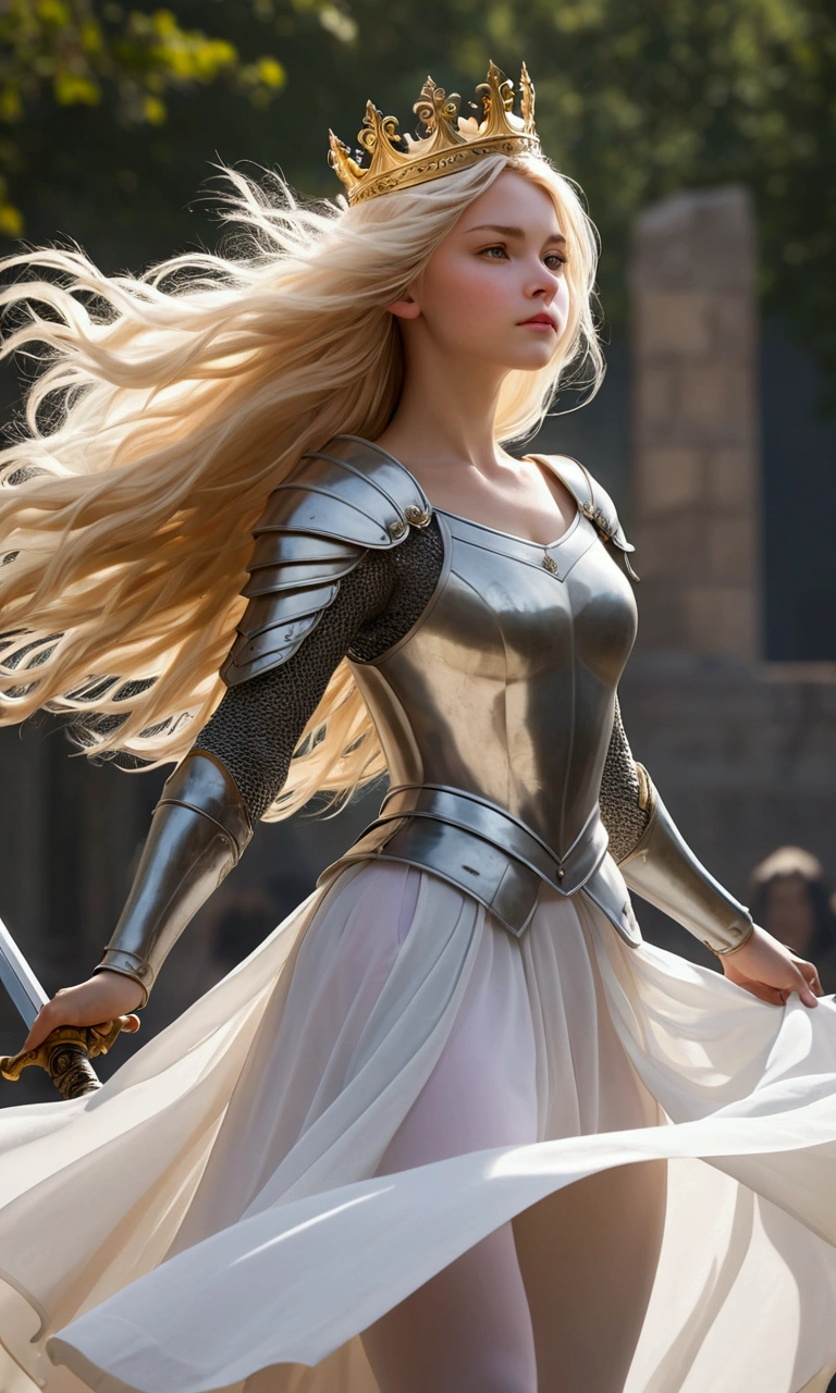 A girl with long, bright blonde hair that seemed to be carried by the wind, wearing armor and a white ballet skirt, she was holding a sword and seemed to be enjoying the breeze and she was also wearing a small crown.