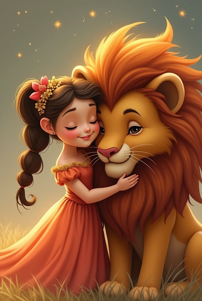 Create a little princess hugging a lion 
