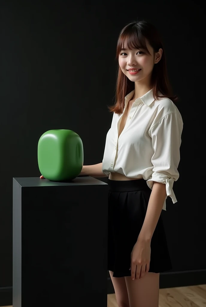 main item is a high ,black ,big table displaying a very small green cude(size like a fist) with no shadow ,  
and a 16years old ,,CUTE, BEAUTIFUL ,asian, with Bangs,white shirt,black short skirt, super huge boobs(34 E CUP) ,very white skin tone ager standing next to it 
and the whole body facing the camera
the back ground is a black wall
taking a realistic far view photo