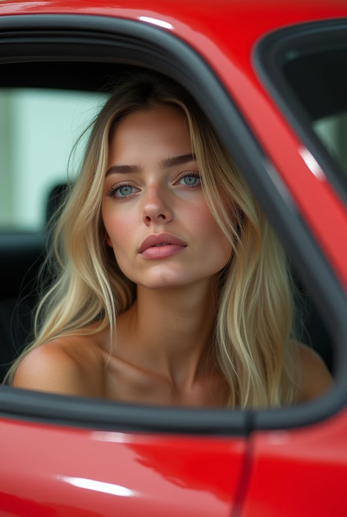 Create a realistic image of a 20 year old woman, longs cheveux blonds, Blue-green eyes in a red car