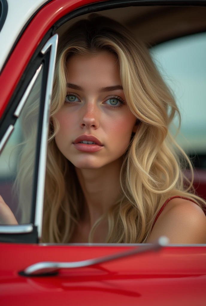 Create a realistic image of a 20 year old woman, longs cheveux blonds, Blue-green eyes in a red car