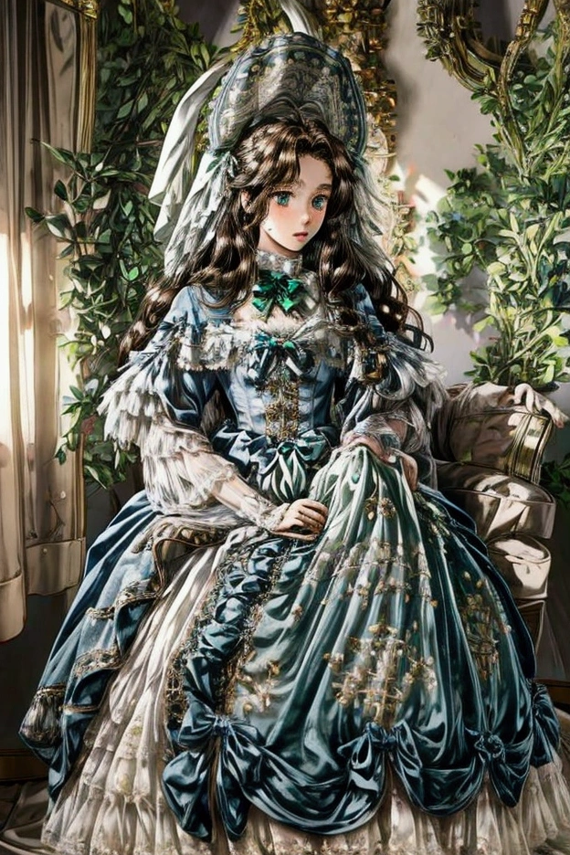 a beautiful twelve years old european noble girl, with emerald eyes, long wavy brown hair, wearing cute. expensive blue and white gown, with ribbon on her hair, blank background
