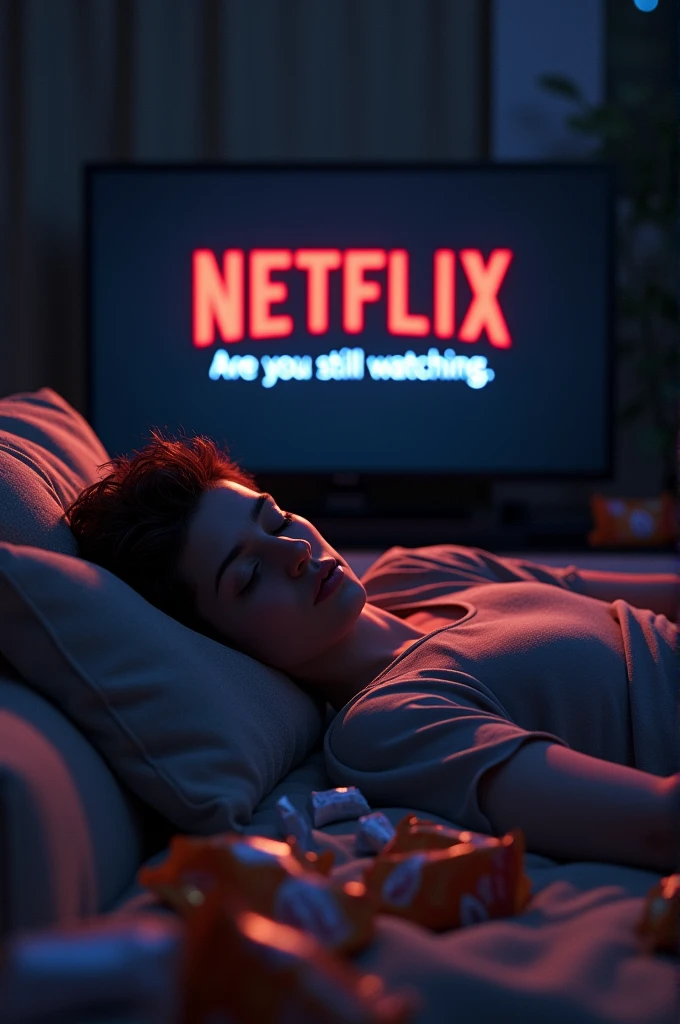 Une personne affalée sur un canapé, les yeux à moitié fermés, entourée de snacks vides, avec l’écran de Netflix affichant le message 'Are you still watching?'