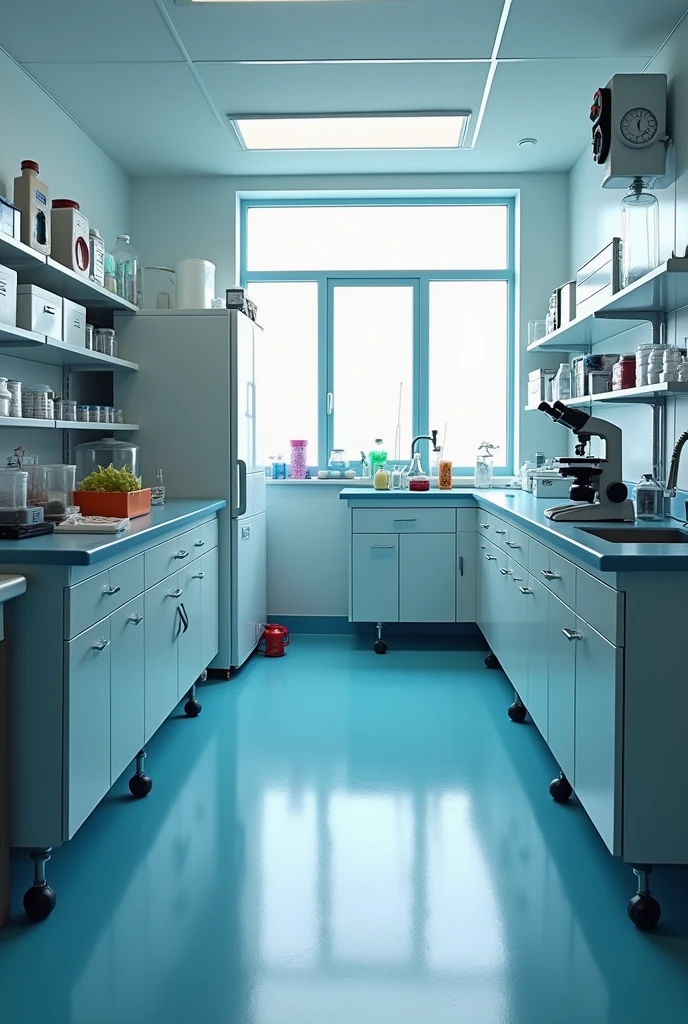 microbiology laboratory: bunsen burner cabin, autoclave, microscope, refrigerator, laundry, incubation oven