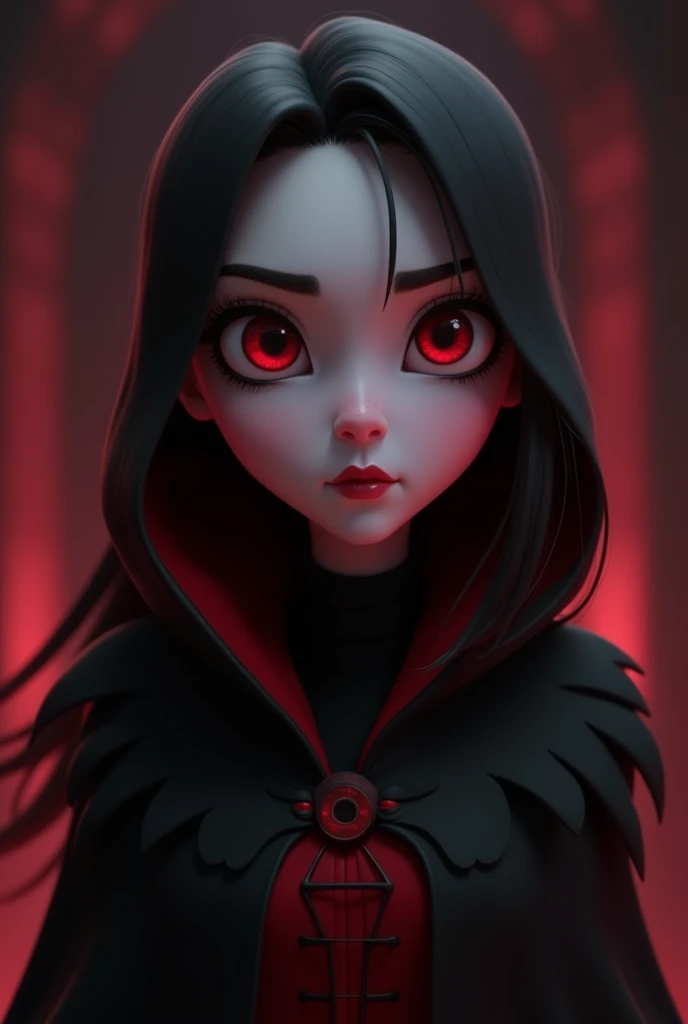 In a dark fantasy animated film, The main villain always wears black and red. Her skin is pale and her eyes are deep red..