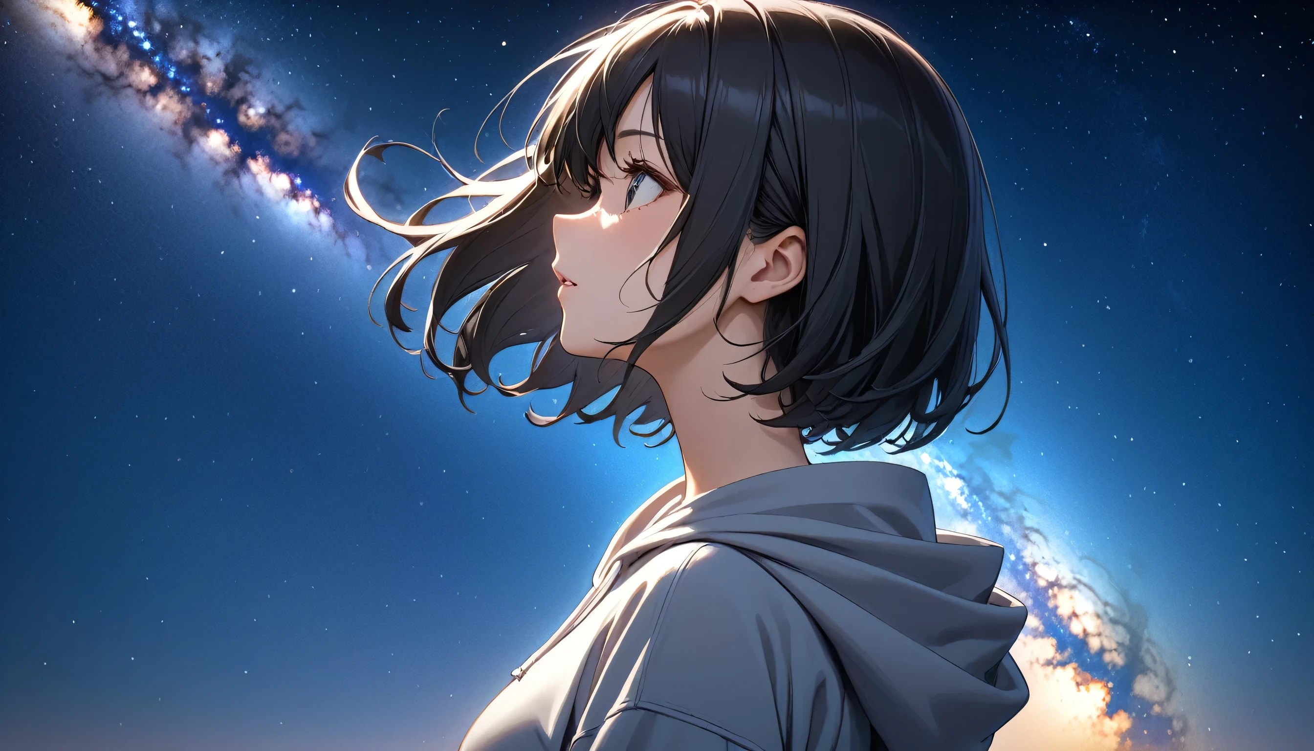 Starry Sky、milky way、A woman at the center、Black Hair、Short Hair、Hair blowing in the wind、profile、Wearing a hoodie、Back view、Upper Body、Low - Angle