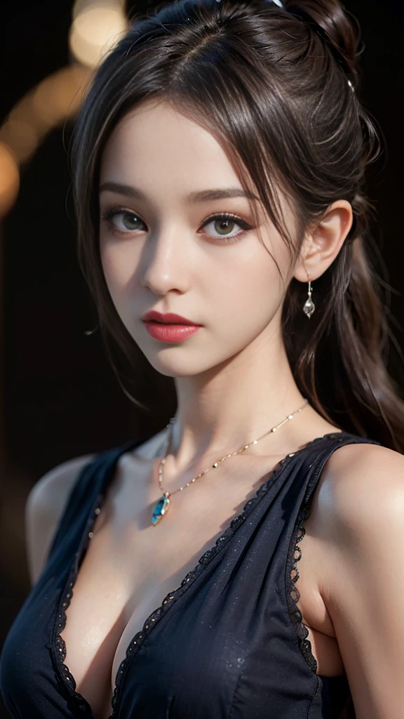 ((masterpiece:1.4)、(Highest quality:1.4)、(Realistic:1.7))、Masterpiece:1.4、Pretty Girl 0.3、(1 Girl:1.4)、pretty girl、(Portrait Photography:1.4)、(Close-up photo:1.7)、(An outfit that emphasizes beautiful breasts:1.4)、Sharp focus:1.5、Detailed eyes、double eyelid、{Long Hair}、Beautiful woman with perfect figure:1.4、Perfect proportions:1.4、(Anatomically correct body shape:1.4)、well-proportioned and beautiful udder:1.2、Upper body photo shoot:1.2、Beautiful expression、Resistance、Dark Background、ponytail、Nikon SLR D6、Natural light、Lighting technology that creates beautiful expressions、Ideal lighting、RAW Photos、Red lips、Beautiful face with long face、choker:1.4、necklace:1.4、Earrings:1.4、1 Screen Display