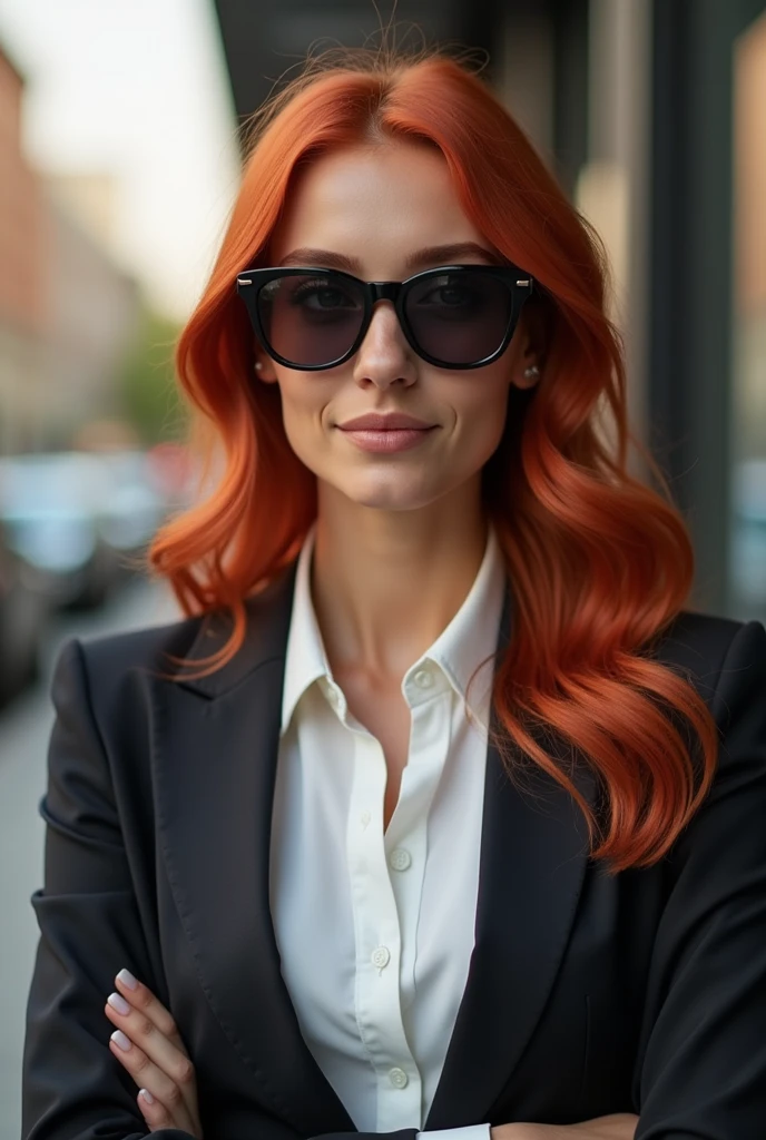 Brazilian woman in her 25s with long red hair wearing sunglasses, business attire and makeup 