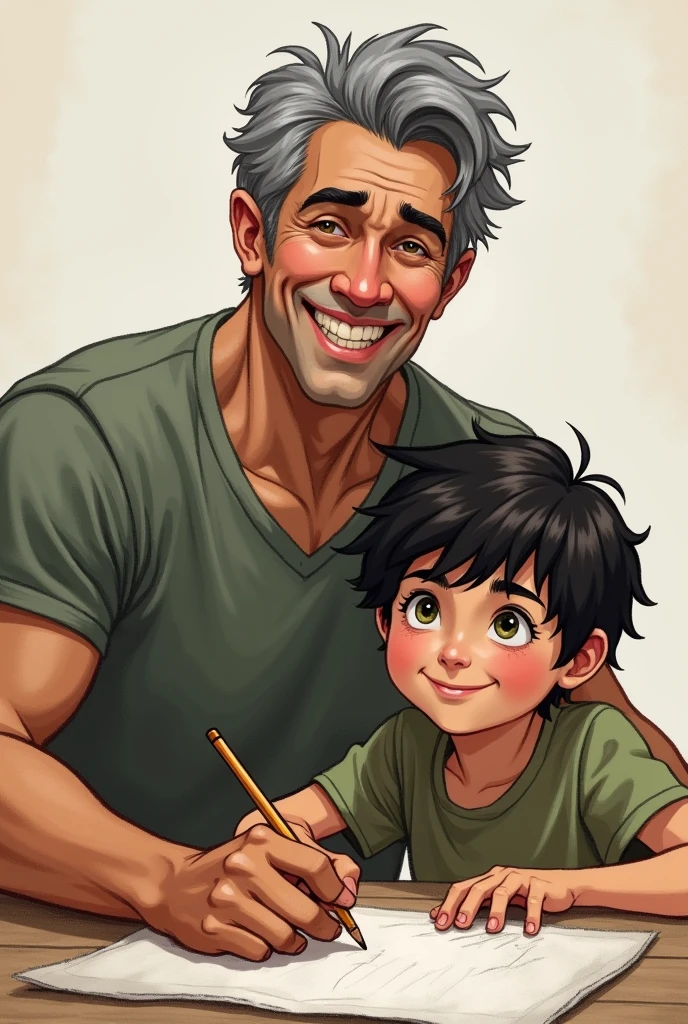 Fifty year old man, greying black hair, green eyes, happy smile, muscular build,  boy, black hair, brown eyes, mischievous smirk, drawing

