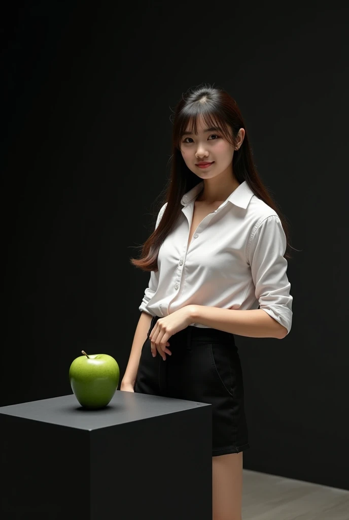 main item is a high ,black ,huge surface table displaying a very small green cude(size like a fist) with no shadow ,  
and a 16years old ,,CUTE, BEAUTIFUL ,asian, with Bangs,white shirt,black short skirt, super huge boobs(34 E CUP) ,very white skin tone teenager standing next to it 
and the whole body facing the camera
the back ground is a black wall
taking a realistic far view photo