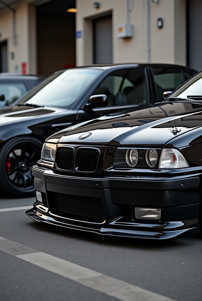Two lowered black BMW e36s featuring the IRON GARAGE logo