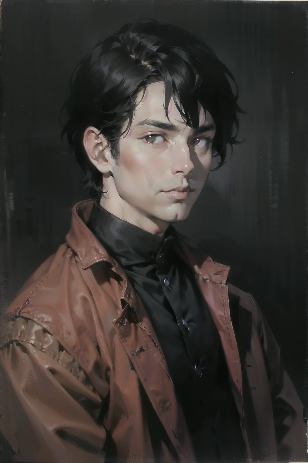 adult man, Shoulder-length black hair, Red jacket, shoulder length portrait
