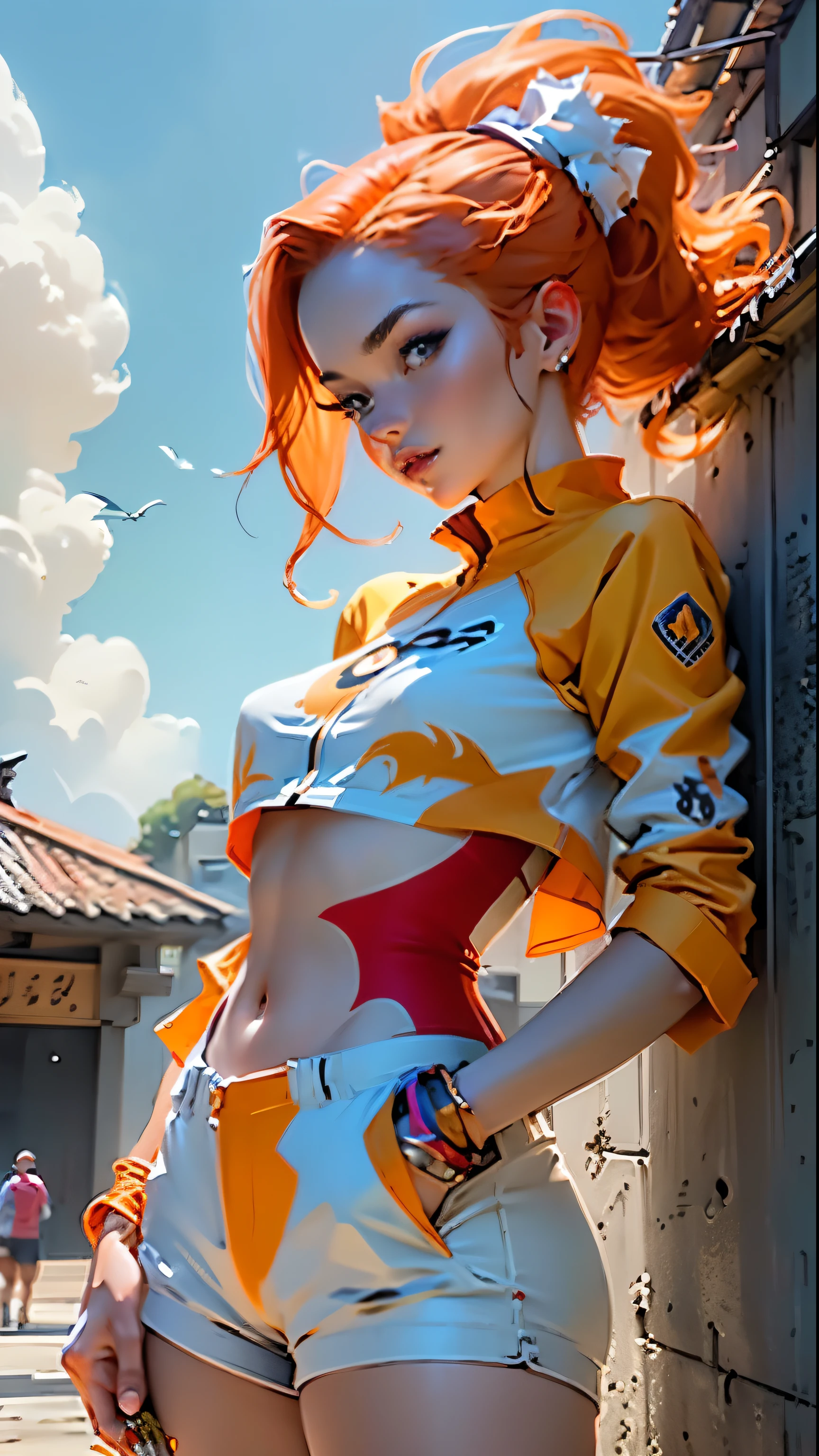 Reimagine the iconic Pokemon dragonite as a 25 years old beautiful female,  picture her in a sunny weather flying indudky sky, orange hair,  detailed,  masterpiece,  illustration,  trending,  concept art,  redesigned red snd orange clothes as a woman, sexy edesigned clothes, , beautiful fair skin