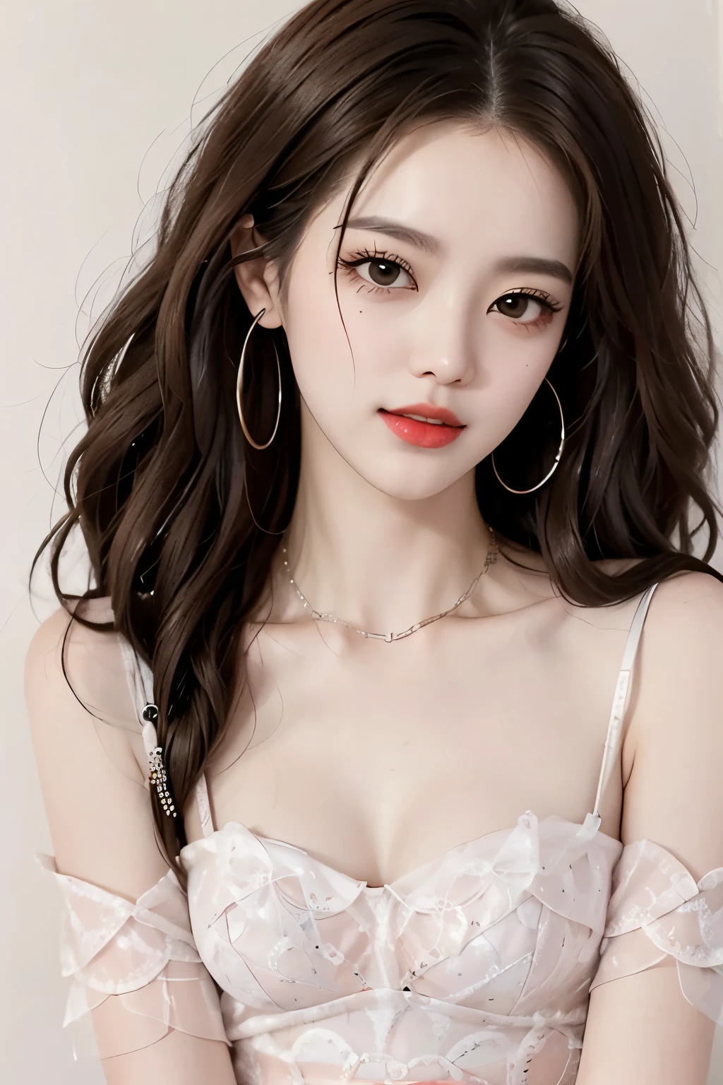 Sweet girl dress2,dress, phosphorus, 1 woman, fashion girl, red lips, mature woman, assembly, ((cowboy shot)), (현실적phosphorus), lean forward, (Sur현실적phosphorus + pure), Sophisticated and beautiful eyes, HD picture quality, Dynamic slope, high nose, Flare effect, 현실적phosphorus details, official art, masterpiece, unity 8k wallpaper, 아름다운 masterpiece, top quality, glowing skin, movie lights, Sweet and cute, long brown hair, Curly hair, warm tone, high saturation
