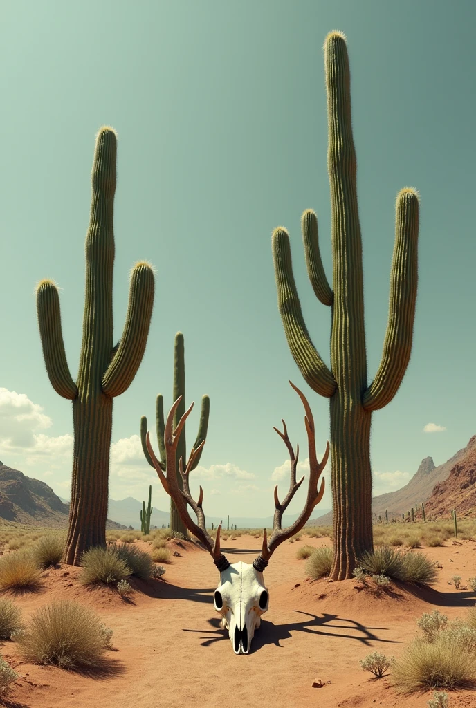 Desert with three cacti with a deer skull in the center but a little higher but Mexican