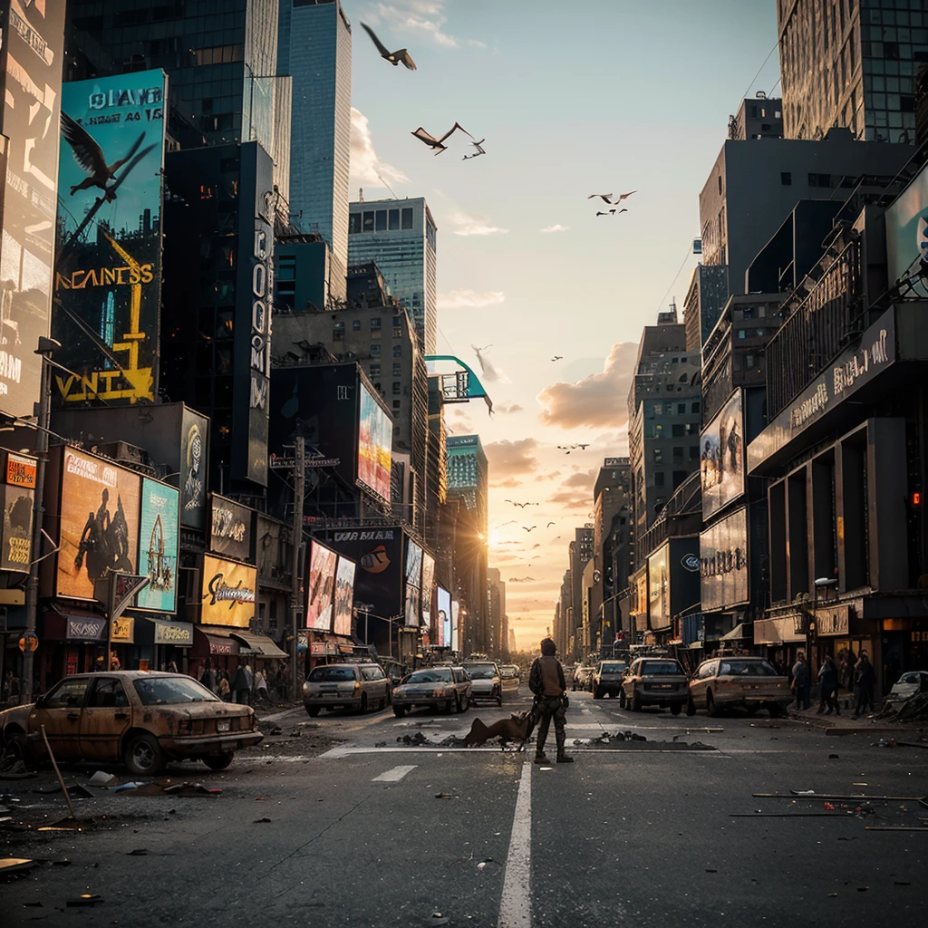 post-apocalyptic Times Square with its ruined buildings and vegetation such as trees and bushes growing everywhere, wild animals such as deer roam free and a flock of birds fly on the horizon at sunset