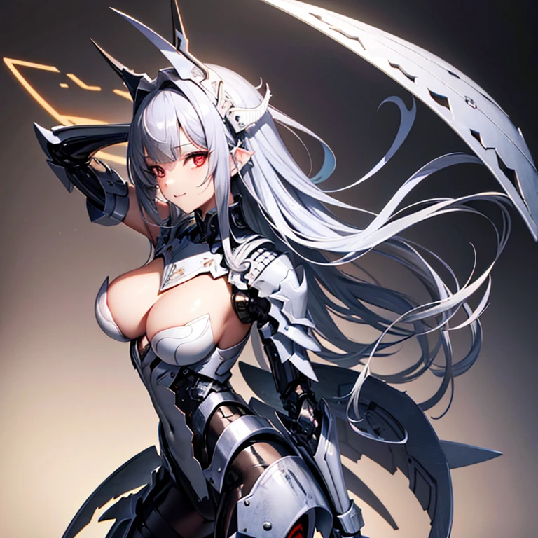 (最high quality, masterpiece), Standing girl, ((three views, Front, back and sides))), Character Sheet,whole body,Simple Background, High resolution, gauze, smile, Shortcuts, bangs, Red eyes, Headpiece, 目の間のbangs, head band, Horns of the beast, Accurate, Anatomically correct, Attention to detail, High resolutionモデル, high quality, Very detailed, Grey Hair, Silver Hair, Intersecting bangs, Hide your ears, Please open your mouth a little, teeth, teethを見せて笑う, Slanted Eyes, bonus, Mole at the corner of the mouth, Feather Hair Accessories, Cast a Shadow, 8k octane, anime, Brown Skin、Bone wings on the back、Exposed breasts、Shoulder Bare、Mechanical Limbs、