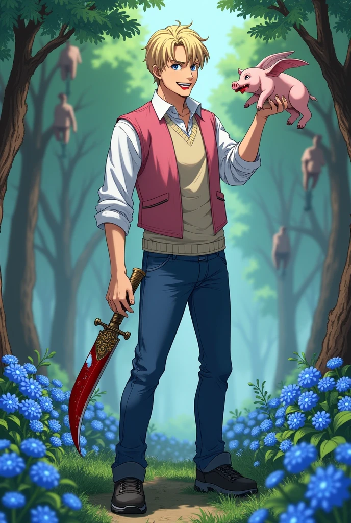 This image has to be in anime, a handsome man, 2 m 90 cm tall, he must not have a beard, he has short blond hair, blue eyes, fair skin, he is wearing a white dress shirt and a sweater, a pink vest, blue pants, black hiking shoes, he is in a forest with several blue flowers and he is holding an ornate knife covered in blood and in his left hand he is holding a severed human arm, in the trees there are some stuffed humans hanging from the trees and he has a pig that is flying with dragon wings and this pig is holding a human head in its mouth, the man has his mouth covered in blood
