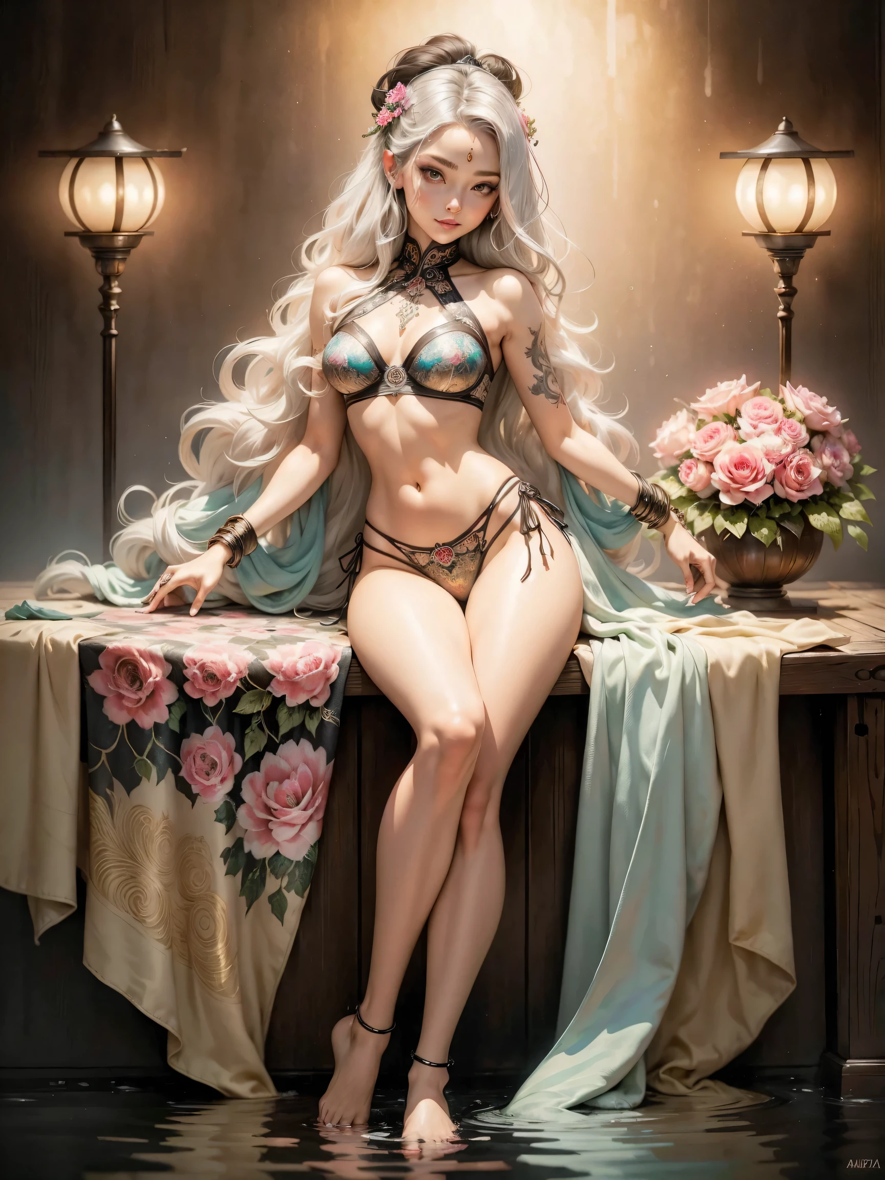 8k, (female:1.5), elegant and flexible (athletic build:1.5), emerald eyes (Vibrant:1.5), chestnut hair (flowing:1.5), copper silk, Leaf-shaped decorations, ultra HD, HDR, , Intricate details, Ultra-realism, luxurious atmosphere, IMAX, cinematic, awarded photo, Intricate, low opening (F1.2),erotism, medieval castle built on the mountain, night sky, fullmoon, panties with pearls, wearing jeweled panties, breasts small, pose sexy, sexy erotic body, whole body, silver and gold bracelet, waterfall, light bulb and latern , cinematic lighting, photorrealistic, 1 girl, 18 years old, (legs spread open), pink lips, well-lit, beautiful and aesthetic: 1.2), (1 girl), extremely detaild, (Fractal Art: 1.3), colorfully, More Detailed, gorgeous goddess, caucasian girl with shiny silver hair, Full female body, wild waves, large waves, oriental mandala tattoos, transparent dresses and small panties, skin wet with water, light bulb, latern, beautiful girl with a slight smile, forst, flowers and roses, sexy mandala and flower panty tattoos on naked body, toes immersed in water, gorgeous goddess looking at the pond water, from front view, in panties with jewels, fancy, world of The Lord of the Rings, magie, mandala and flower tattoos on your body, from front view, interior of the temple flooded with lake water, Greek column,three interconnected circles form a work of art, magieal circles, long hair mixed with water, surreal magieal dream, image rich in details, Compensation, painting oil painting, red lipgloss stick , long hair mixed with water, surreal magieal dream, image rich in details, Compensation, painting oil painting, red lipgloss stick , bra with pearls, wearing sexy panties, oil painting tattoo