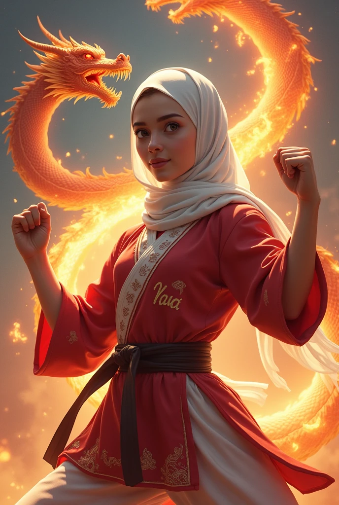 young woman in hijab with red and white karate uniform with "Miya" written on it. surrounded by dragons and fire