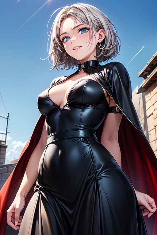 #Basics A girl is posing for a photo, (((One Girl))), (((Baby Face:1.4)) + ((cute:1.4)) + (())),
break
#Clothing Accessories
((Red on black)Quinceañera(Long skirt:1.2)dress:1.4) + (The collar stood up(Red on black)Long Cape:1.2) + (Glossy black high heels:1.2),
(Gold hoop earrings),
break
#Features
((Silver Hair:1.2)) + ((Center-parted bangs + The forehead is visible)) + ((Pixie Cut Hair) : (Very short hair:1.4) + Curly hair + Hair that bounces outwards + Messy hair),
((Droopy eyes:1.4, Big eyes:1.2), blue eyes), (Small breasts), (Neutral facial features),
break
#background environment
((noon, Fantasy World, Sunlit royal garden, blue sky)),
#Facial Expression Pose
((Evil look, Laughter)), ((Confident and powerful pose)),
#composition
((To the camera), (Angle from below), (Character Focus), (Cowboy Shot)),
break
#Body parts elements
(Slim figure),
(Symmetrical facial features),
(Detailed Hair, Beautiful Hair, Shiny Hair),
(double eyelid, Long eyelashes, Thin eyebrows:0.5, Thin eyebrows:0.5),
(Expression of fine eyes, Beautiful and delicate eyes, Sparkling eyes, Eye Reflexes, Glitter Eyeliner),
(Human Ear),
(Beautiful Nose, Thin Nose),
(Glossy Lips, Beautiful Lips, Thick lips),
(Detailed skin, Textured skin, Beautiful Skin, Oily skin),
break
#quality
(((最高quality)), ((masterpiece:1.3)), ((Very detailed))), ((Ultra-high resolution)), ((16K)), ((1080P)), ((Full HD)),
((Anatomically correct)), ((Realistic)), (3DCG), ((Oil painting)),
((comics, anime)), (CG illustration), (RAW Photos),