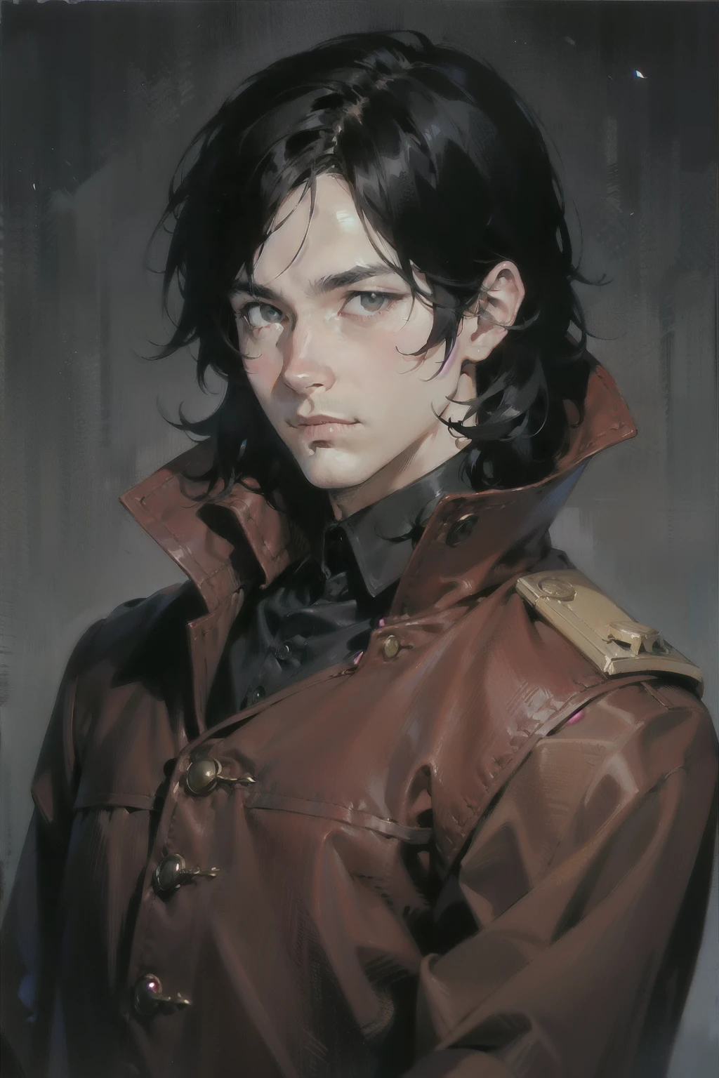 adult man, Shoulder-length black hair, red coat, shoulder length portrait